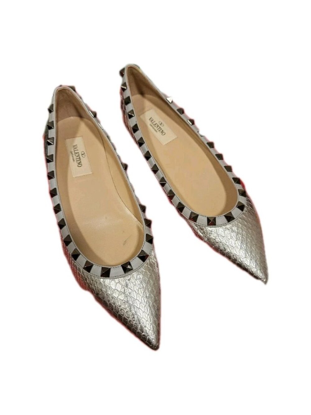 NEW Valentino Garavani Rockstud Snakeskin Pointy Ballet Flat Pump Size 36.5